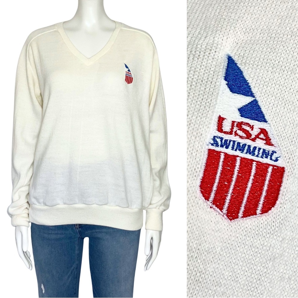Vintage 90s USA Swimming Off White Sweater Embroidered Logo. Large. Olympics
